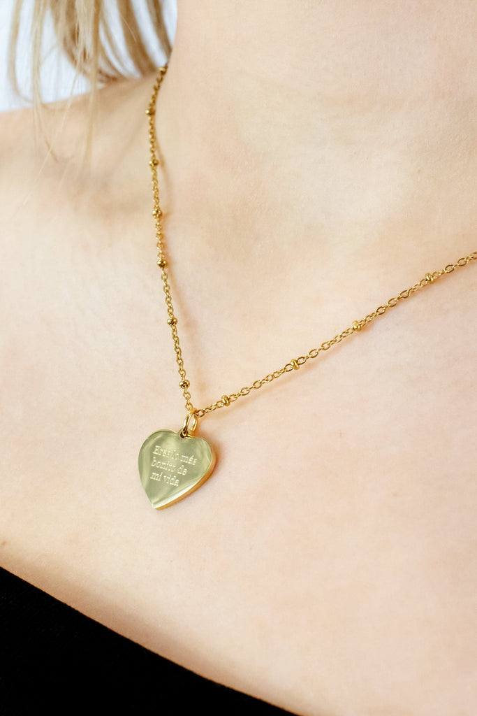 collar corazón con cadena de bolitas regalo perfecto san valentín personalizado, graba tu mensaje nombre, iniciales, fechas