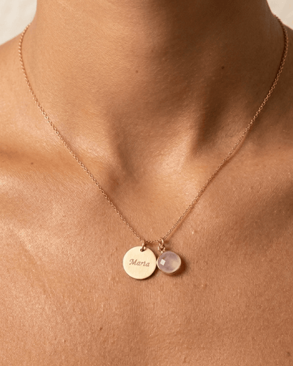 Necklace with engraved medal and natural stone