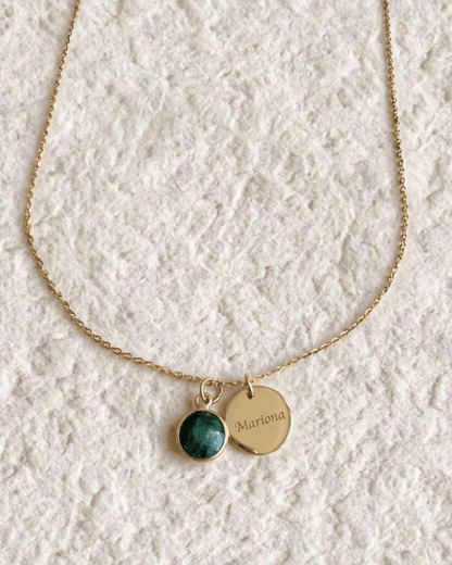 Necklace with engraved medal and natural stone