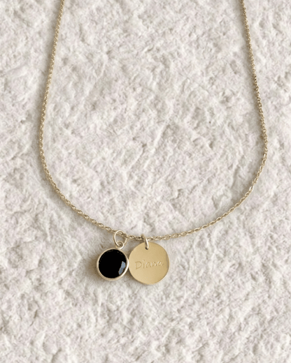Necklace with engraved medal and natural stone