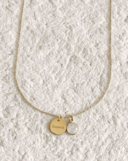 Necklace with engraved medal and natural stone