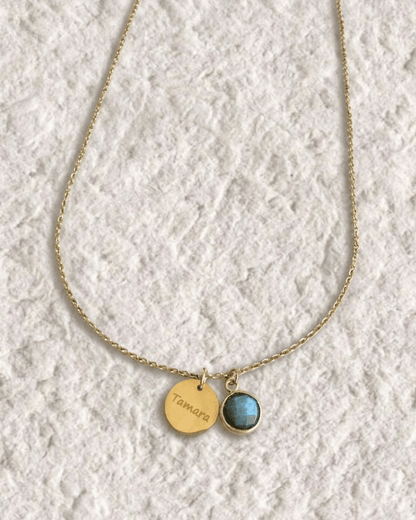 Necklace with engraved medal and natural stone