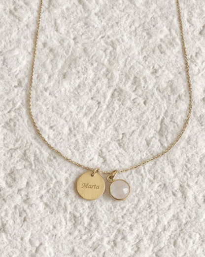 Necklace with engraved medal and natural stone