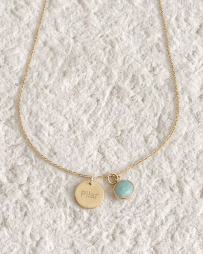 Necklace with engraved medal and natural stone