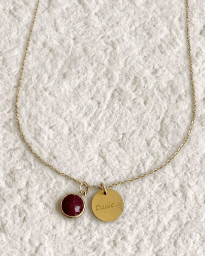 Necklace with engraved medal and natural stone