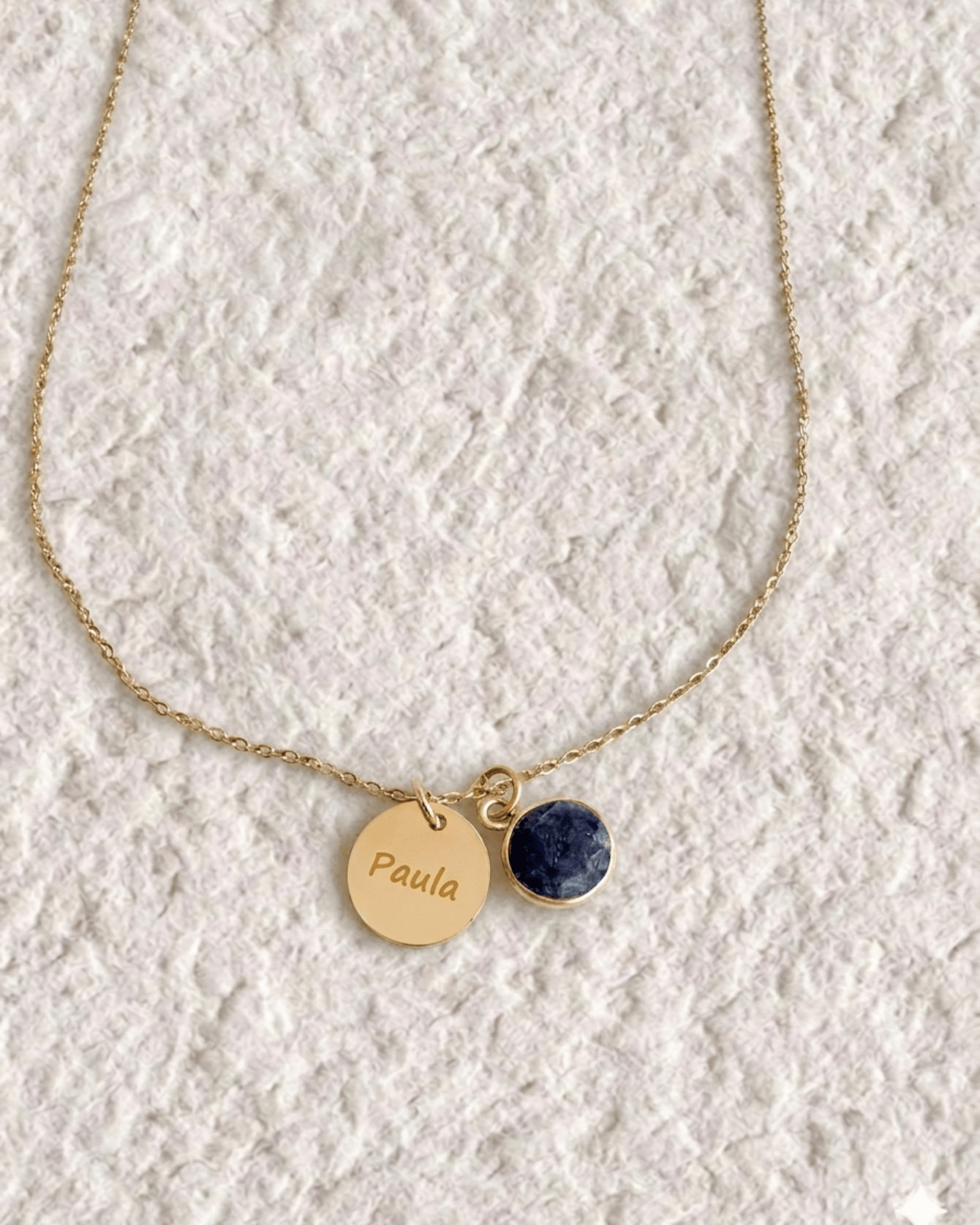 Necklace with engraved medal and natural stone