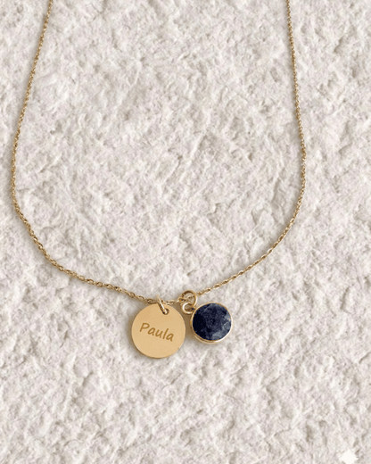 Necklace with engraved medal and natural stone