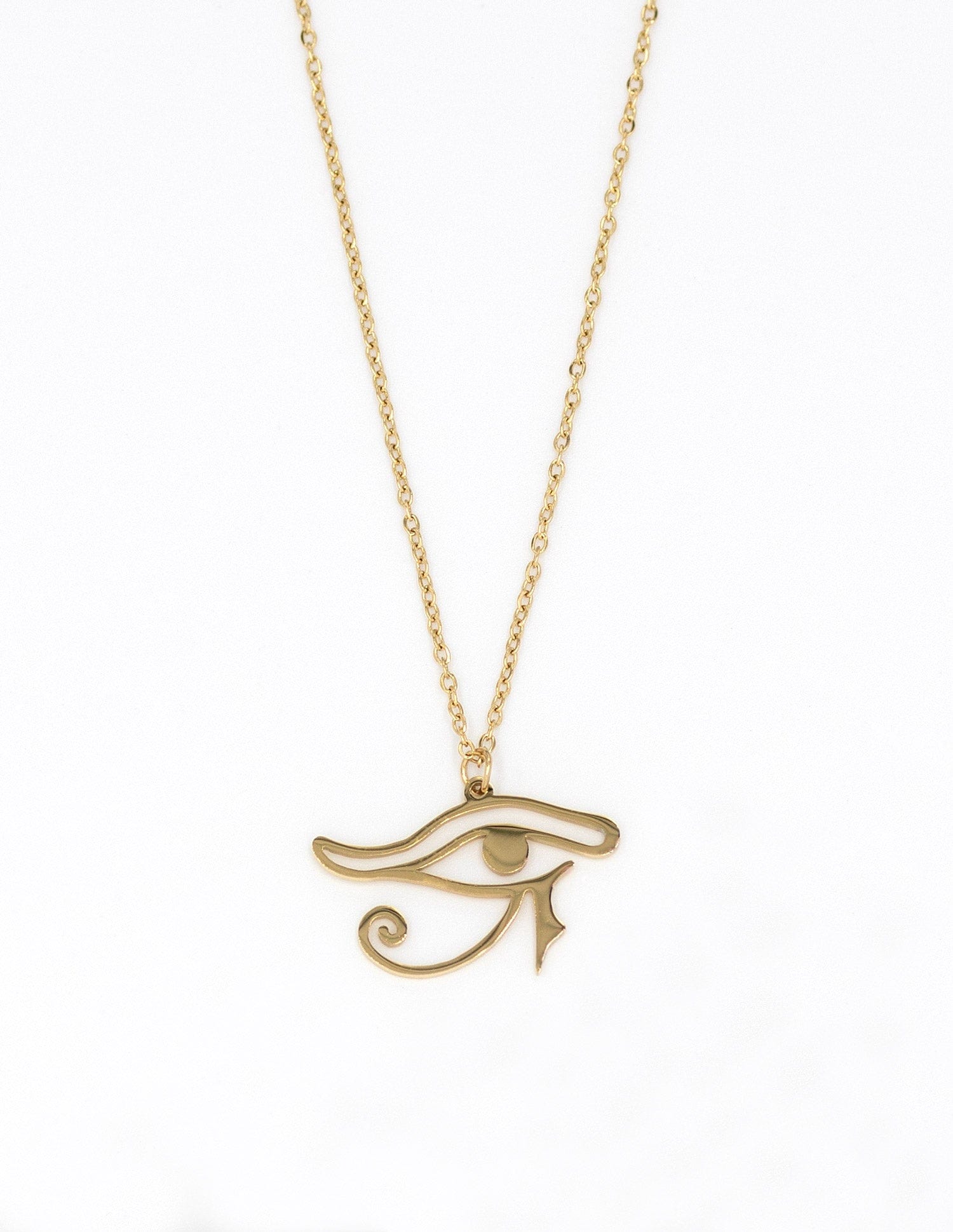 Collar egipcio con el símbolo del ojo de Horus, de color dorado con cadena fina.
