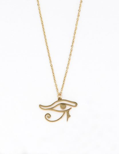 Collar egipcio con el símbolo del ojo de Horus, de color dorado con cadena fina.