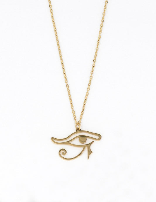 Collar egipcio con el símbolo del ojo de Horus, de color dorado con cadena fina.