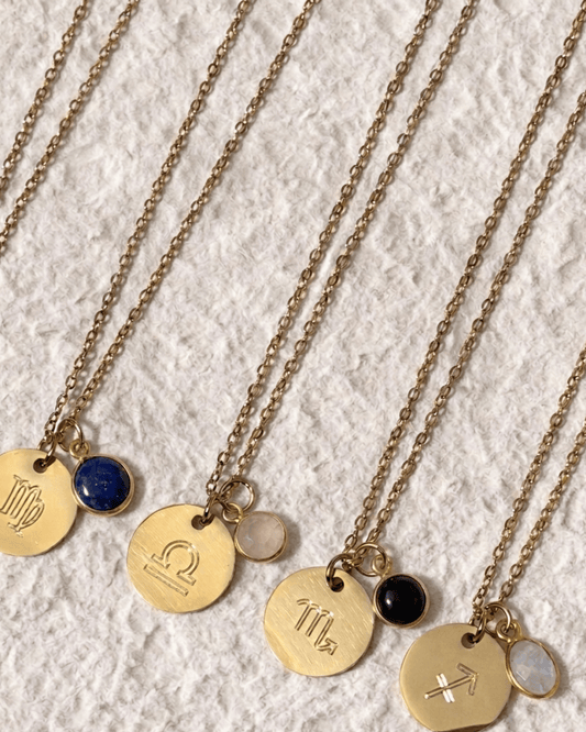 Necklace with engraved medal and natural stone