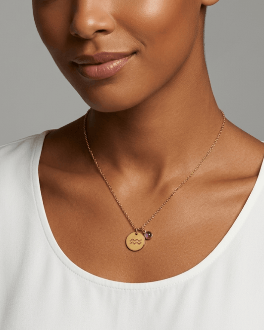 Necklace with engraved medal and natural stone