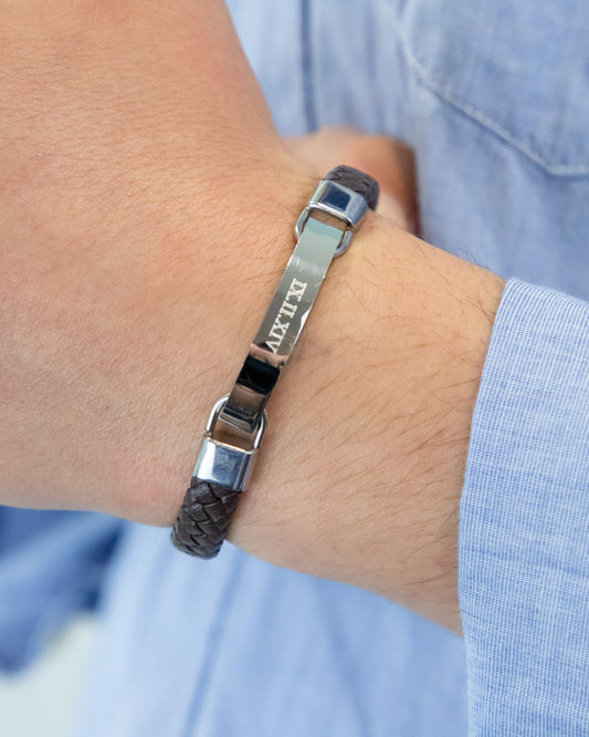 MEN'S BROWN BRAIDED BRACELET WITH ENGRAVING